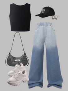 SHEIN Tween Girl Sleeveless Solid Color Tank Top & Ombre Denim Jeans 2 Pieces Set