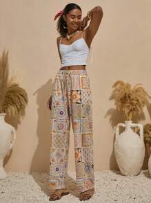 Bóhologie Boho Bohemela Womens Clothing Women Summer Clothes  Women Multicolor Printed Pocket Detailed Wide Leg Pants  Women Pants Wide Leg Women S Summer Clothes Women S Clothes Boho Pants For Women Wide Leg Jeans Woman  Suitable For Everyday, Out Of The Street, Holiday And Other Occasions To Wear - Multicolor - View 3