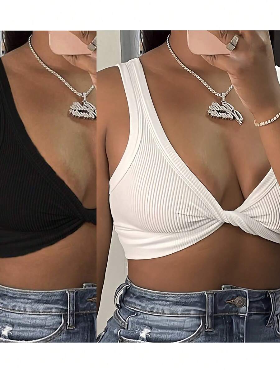 INAWLY Tank Top Pendek Rajut Rib Berpilin Bodycon Seksi - Hitam dan Putih - View 1
