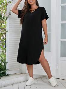SHEIN CURVE+ Plus Size Women's Regular Knitted V-Neck Tie Up Black Casual Dress, Spring/Summer - Black - View 3