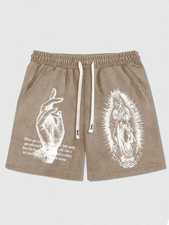 Short à taille coulissante avec slogan vintage et imprimé geste de la main, lavé pour homme