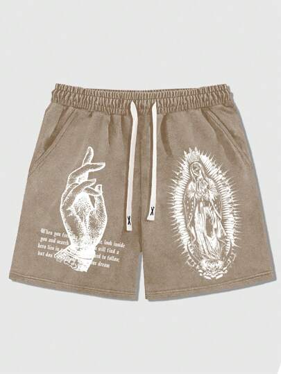 Pantalones cortos con cintura con cordón, lavados, con eslogan y estampado de gesto de mano vintage para hombre