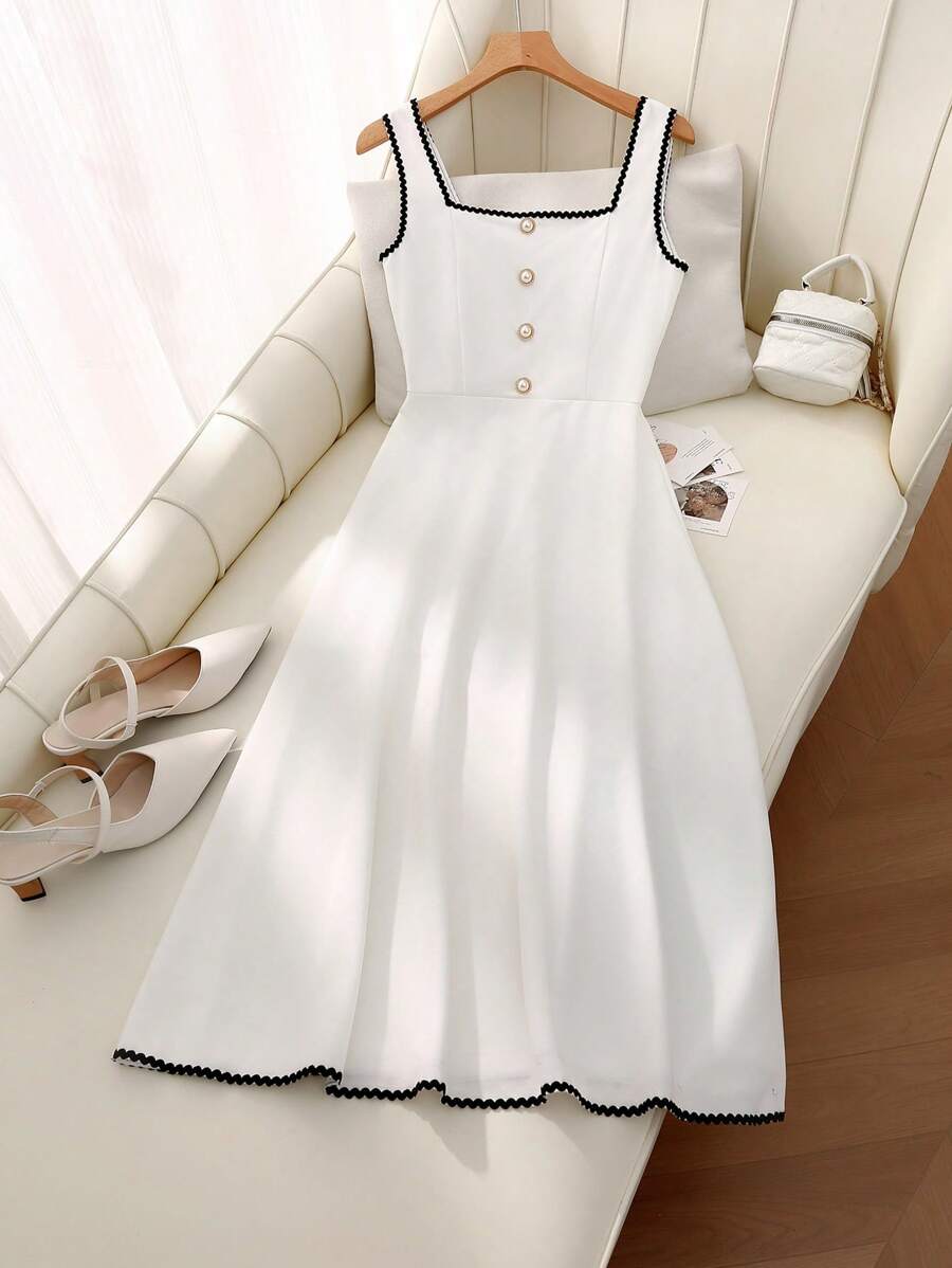 SHEIN Clasi Elegant White Midi Dress For Women: Sleeveless Square Neck Knitted Flared Dress With Pearl Buttons And Contrast Trim Detail - Black and White - View 1