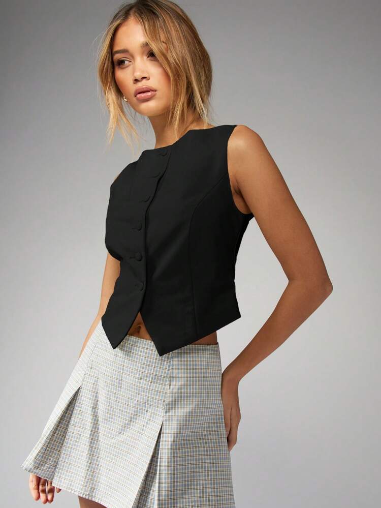 MISSGUIDED Tailored Linen Feel Waistcoat Tank Top Button Up Tank Office Business Professional Sleeveless Work Top Structured Formal Summer Tank Top