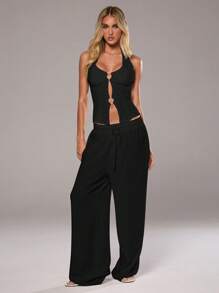 Aloruh Top de tirantes de verano para mujer, de unicolor, con diseño hueco y correa de conexión en el cuello