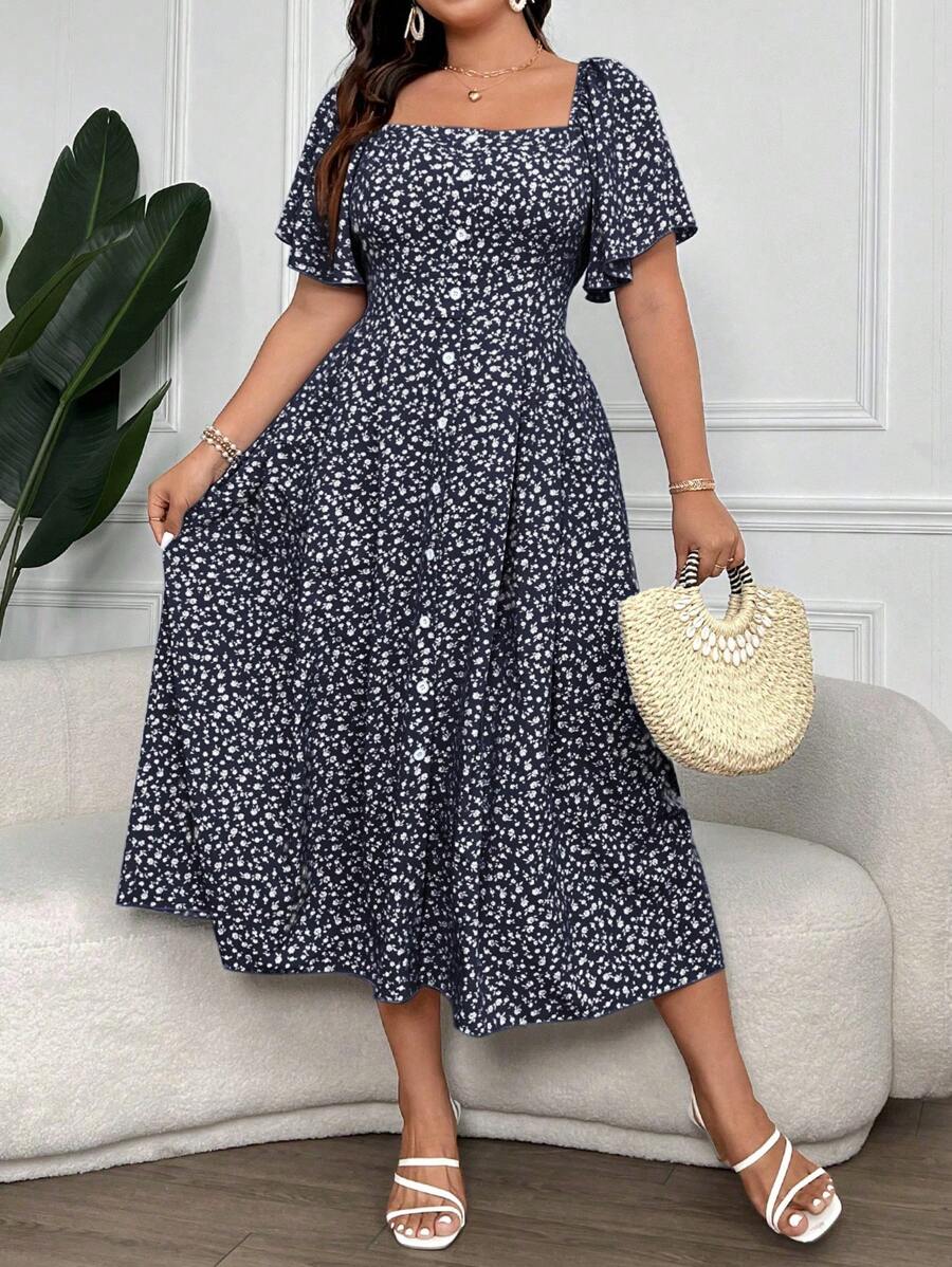 Calvaya Plus Size Women's Ditsy Floral Print Square Collar Buttoned Dress Maxi Women Outfit