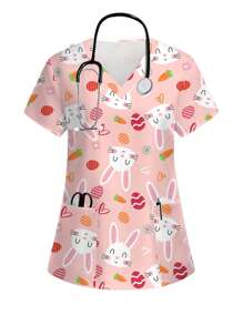 PopScrub Easter Bunny Printed Short Sleeve Scrub Uniforms Top Easter Cartoon Rabbit & Blessing Spring Print V-Neck Short Sleeve Pocket Nurse Scrub Uniform Top, Suitable For Women Scrub Nurse Scrub Tops Print V Neck Frosted Scrub Top, Casual Short Sleeve Work Wear, Women Sweetheart V-Neck Ruched Blouse, Women Short Sleeve V-Neck Nurse Scrub Uniform Shirt With 2 Pockets, Soft Stretchy Ruched Graphic Tee V-Neck Short Sleeve Blouse For Lady Wear Women's V-Neck Short Sleeve Double Pocket Cute Cartoon Animal Pink Heart Rabbit Print Simple Nurse Uniform Set/Doctor Work Uniform Set/ Examination & Surgery Uniform Set/Solid Color Pet Grooming Work Uniform Set/Nutritionist Work Uniform Short Sleeve Set/Functional Multi-Pocket Lab Work Uniform Top