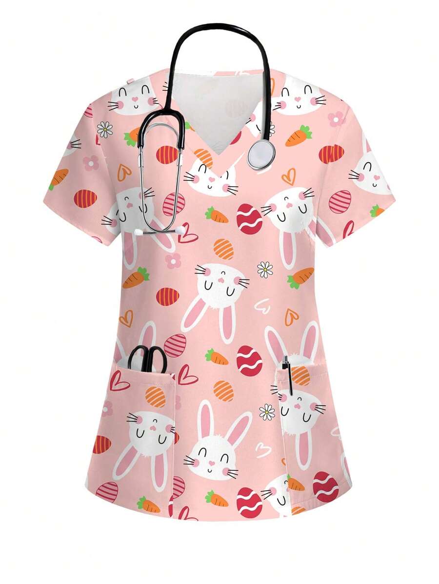 PopScrub Easter Bunny Printed Short Sleeve Scrub Uniforms Top Easter Cartoon Rabbit & Blessing Spring Print V-Neck Short Sleeve Pocket Nurse Scrub Uniform Top, Suitable For Women Scrub Nurse Scrub Tops Print V Neck Frosted Scrub Top, Casual Short Sleeve Work Wear, Women Sweetheart V-Neck Ruched Blouse, Women Short Sleeve V-Neck Nurse Scrub Uniform Shirt With 2 Pockets, Soft Stretchy Ruched Graphic Tee V-Neck Short Sleeve Blouse For Lady Wear Women's V-Neck Short Sleeve Double Pocket Cute Cartoon Animal Pink Heart Rabbit Print Simple Nurse Uniform Set/Doctor Work Uniform Set/ Examination & Surgery Uniform Set/Solid Color Pet Grooming Work Uniform Set/Nutritionist Work Uniform Short Sleeve Set/Functional Multi-Pocket Lab Work Uniform Top