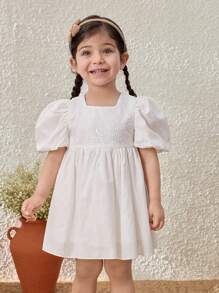 Blossori Baby Girls Solid Color Square Collar Puff Sleeve Sundress - White - View 5