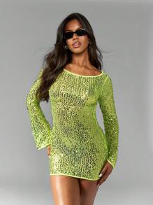 MISSGUIDED Abito mini aderente con maniche lunghe e paillettes, con taglio sulla schiena, per eventi serali, feste, discoteca, luccicante, scintillante, adatto a Capodanno e per balli