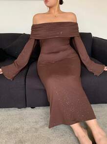 Dazy Plus Solid Color Off-Shoulder Wrap Elastic Elegant Mesh Panel Long Sleeve Dress,Fall Dress Prom Dress