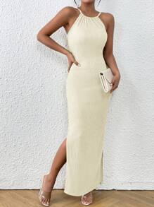 Chiquease Solid Color Slim Fit Long Vest Dress With Spaghetti Straps & Side Slit Maxi Women Outfit - Beige - View 5