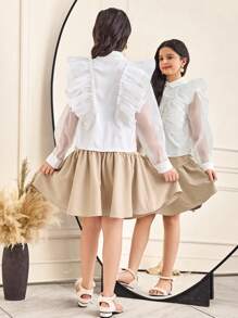 Conjunto de 2 piezas para niña preadolescente: Blusa elegante de manga larga con volantes y falda mini