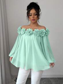 Rafferiza Women's Elegant Off Shoulder Chiffon Blouse, Soft, Smooth, Matte Solid Color Fabric With 3D Floral Decor, Versatile For Daily, Date, Party Wear Long Sleeve Top - Mint Green - View 7