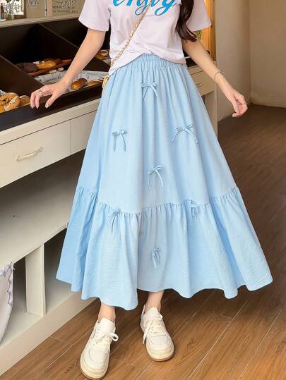 SHEIN Teen Girls Blue Woven Solid Color Cute Bow Teen Girl Paperbag Waist Ruffle Hem Knot Front Skirt