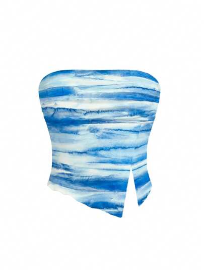 GALLERY  K Tie-Dye Blue & White Stripe Patchwork Minimalist Women Tube Top, Suitable For Summer