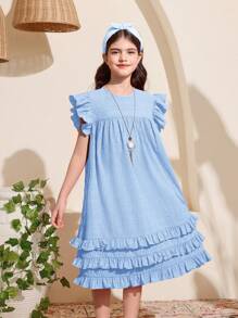 SHEIN 青少年女孩休闲街头时尚纯色圆领盖袖连衣裙 - 淺藍色 - 查看 1