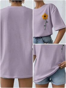 100%Cotton White Tshirt With Embroidery Detail - Lilac Purple - View 8