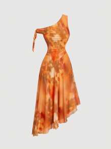 SHEIN MOD Elegant Asymmetric Shoulder Floral Dress,Summer Dresses For Women,Boho,Beach,Vacation,Tea Party Dress,Vintage Dress,Going Out Dress,Bow Dress,Tropical Dress,Orange Dress