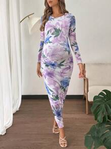 SHEIN Pregnant Women Floral Print Elegant Round Neck Long Sleeve Dress Maternity Dress - Multicolor - View 5