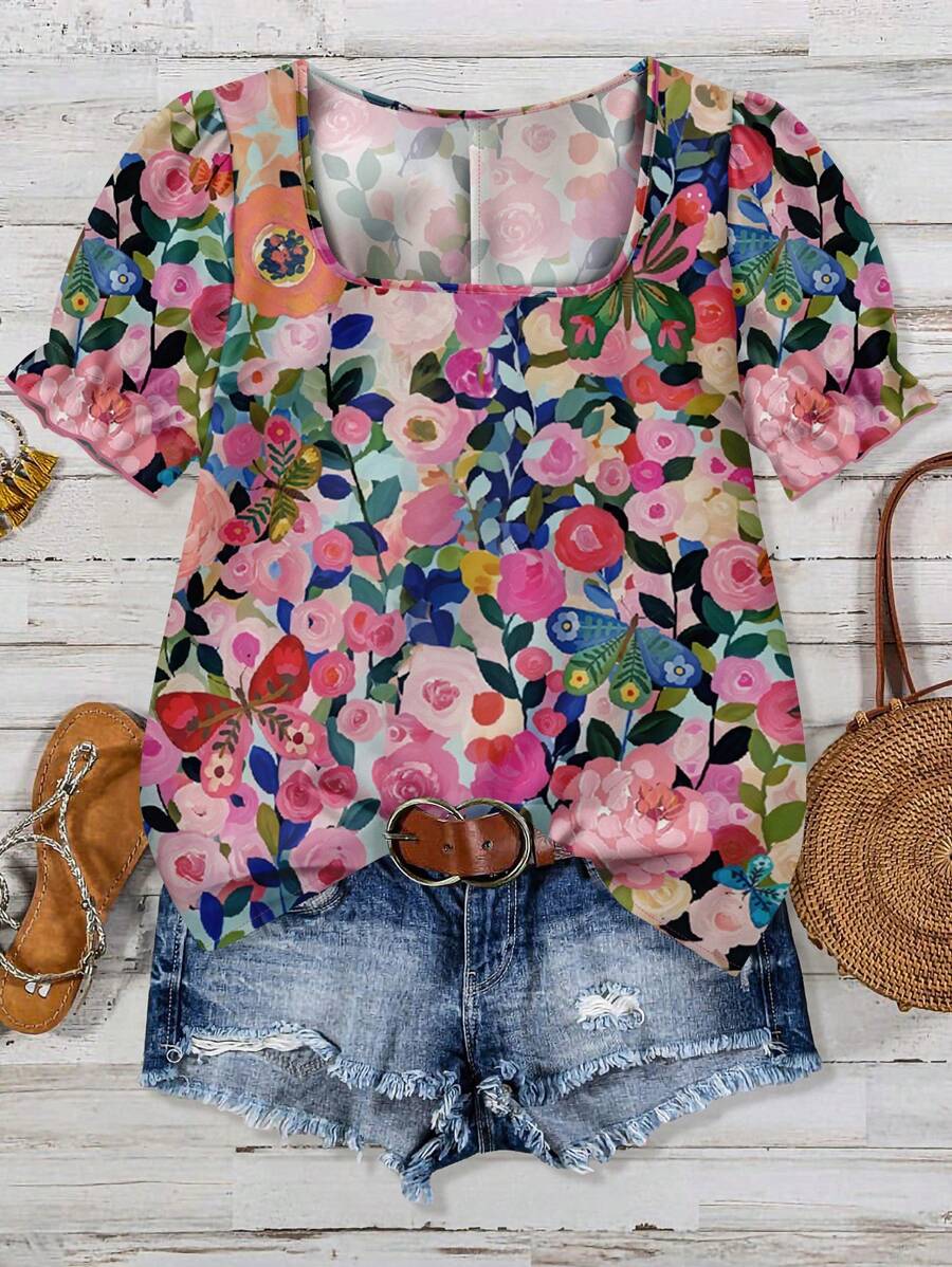 SHEIN LUNE 大码粉色碎花休闲衬衫，适合夏季度假 - 彩色 - 查看 1