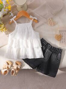 2 stuks/set meisjes casual geplooide bandjes cami & denim shorts set
