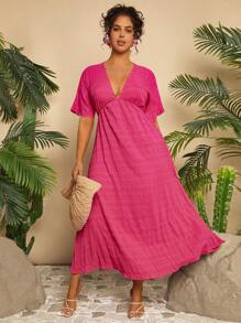 Travachic Plus Size Solid V-Neck Short Sleeve Casual Long Dress - Hot Pink - View 1