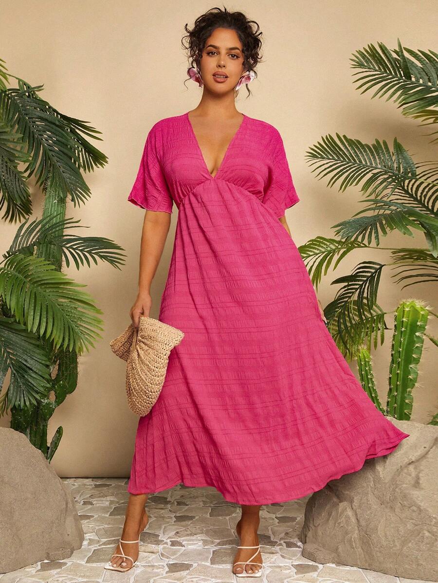 Travachic Plus Size Solid V-Neck Short Sleeve Casual Long Dress - Hot Pink - View 1