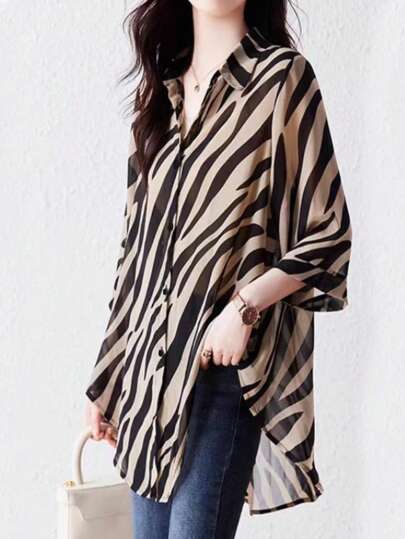 SHEIN Unity Camisa de mujer holgada y minimalista para ir al trabajo, camisa de mujer casual de manga tres cuartos con cuello, camisa holgada de manga murciélago larga color albaricoque, blusas de mujer para primavera/otoño, uso casual diario, blusas de manga tres cuartos