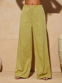 Vixey Pantalones anchos de satén arrugado sólido para vacaciones en la isla, verano para mujeres, brunch para mujeres, playa para mujeres, vacaciones en la playa, prendas inferiores de verano - Verde - Ver 2