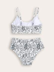 SHEIN 全新时尚花卉印花少女泳衣套装 - 淺灰色 - 查看 2