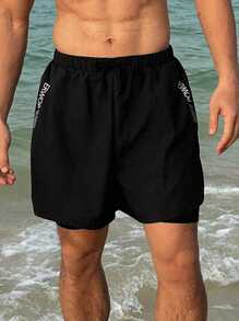 DAZY Men's Black Letter Print 2 In 1 Beach Shorts, Summer - Black - View 6