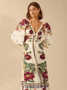 CAJUNI Vestido de Férias Feminino Boêmio com Estampa Floral, Gola em V, Manga Longa, Costas Vazadas, Cintura A-line