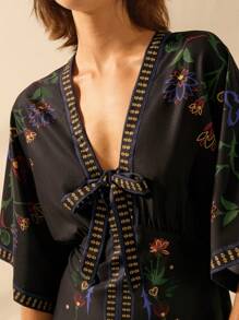 CAJUNI Women's Boho Vacation Parrot, Pineapple, Tropical Plant Printed V-Neck Batwing Sleeve Tie-Knot Waist Short Summer Vacation Dress - Multicolor - View 4