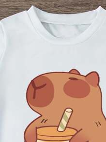 Sparklyn 2pcs Tween Girls Set: Letter Cartoon Animal Print Short Sleeve T-Shirt And Pants - White - View 3