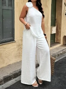 SHEIN Clasi 2件組大尺碼女款純色無袖上衣搭配3D花卉裝飾與長褲 - 白色 - 查看 5