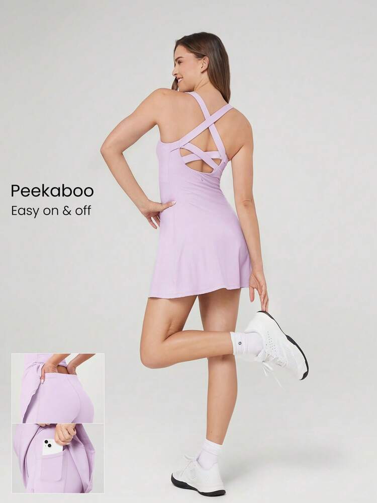FeatherFit™-Air Peekaboo Mini Dress With Built-In Shorts Pocket Square Neck Anti-Slip Crisscross Light Support Low Impact Quick Dry Moisture Wicking Spring Summer