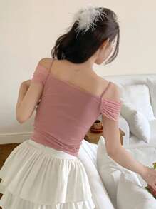 DAZY Women's Elegant Solid Color Open Shoulder Ruched Fitted T-Shirt, Summer Going Out Tops Women - Baby Pink - View 2