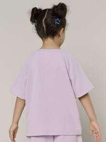SHEIN Explorewe 2件套女童字母印花圆领T恤和短裤套装 - 紫色 - 查看 3