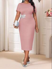 SHEIN Lady Spring And Summer  Autumn And Winter Elegant Baby Blue Round Neck Bishop Sleeve Bodycon Dress Plus Size Dresses Blue Dresses Dress - Dusty Pink - View 2