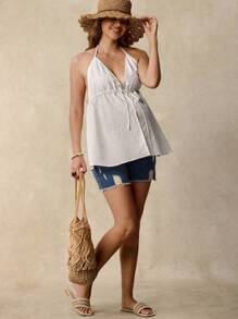 SHEIN Pregnant Women's Summer Vacation Textured Drawstring Detail Spaghetti Strap Camisole   Ruffle  Maternity Tops - White - View 8