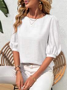 EMERY ROSE Blusa de mujer de manga media y cuello redondo en unicolor para vacaciones de verano
