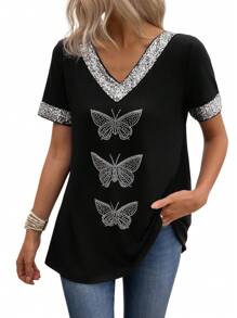 EMERY ROSE Maglietta casual da donna a maniche corte con scollo a V, con paillettes, stampa con farfalle e strass, vestibilità morbida, adatta per primavera/estate