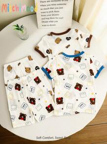 2025 Young Boys Cartoon Print Short Sleeve T-Shirt And Shorts Home Outfit 4Pcs Set, Summer