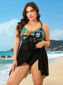 Swim Lushoire Traje de baño de 2 piezas para mujer talla grande con estampado tropical, combinación de malla negra para vacaciones en la playa