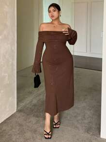 Dazy Plus Solid Color Off-Shoulder Wrap Elastic Elegant Mesh Panel Long Sleeve Dress,Fall Dress Prom Dress