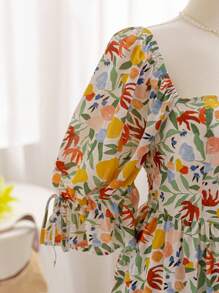 Soleia 大码女式V领泡泡袖系带蝴蝶结夏季长款连衣裙 - 彩色 - 查看 7