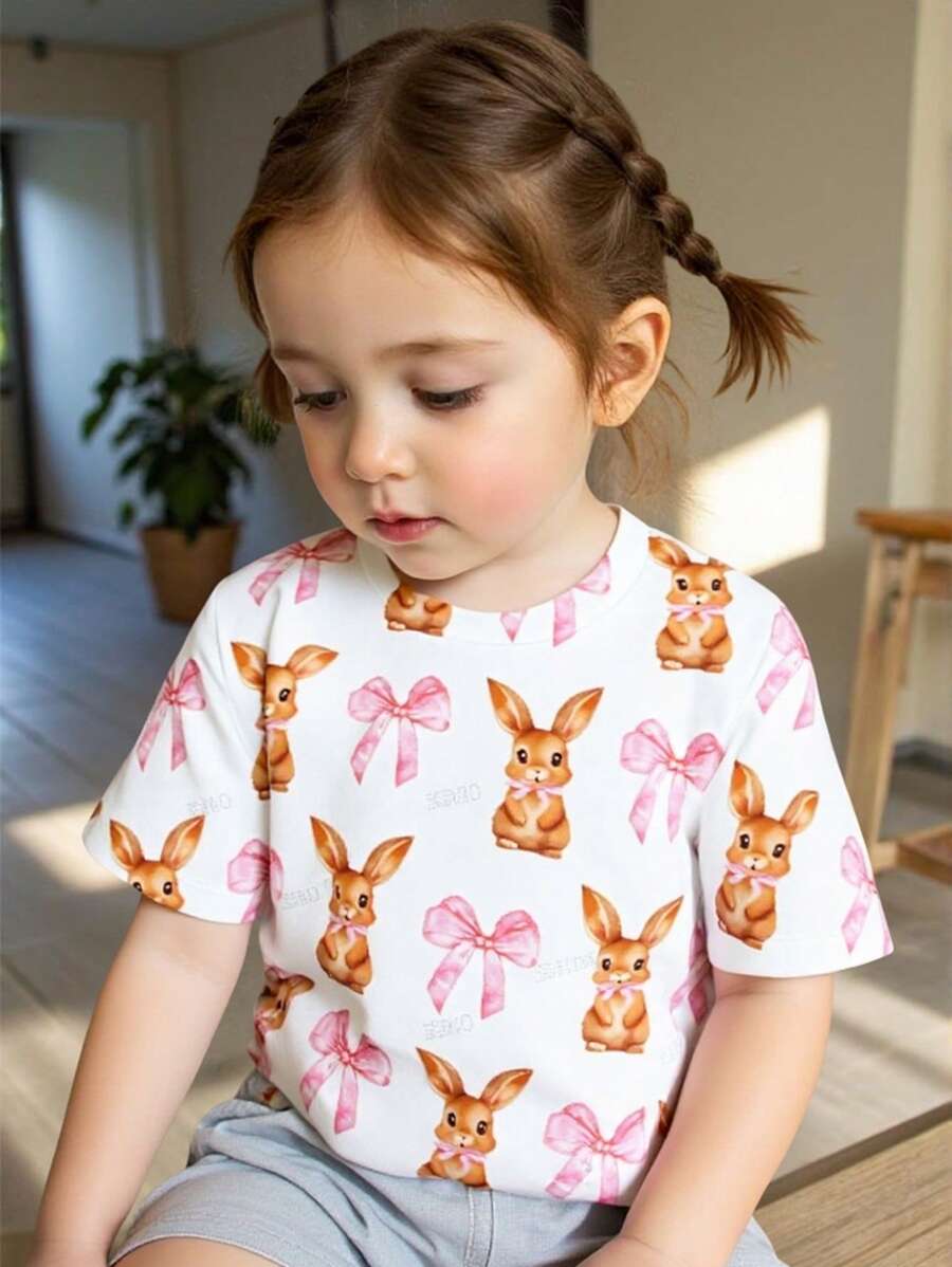 女婴数码印花休闲圆领短袖T恤，夏季 - 彩色 - 查看 1