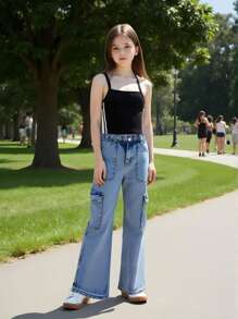 Explorewe Tween Girl Striped Camisole And Utility Denim Jeans Casual Outfit Jeans Set For Girls Outfits For Teens Summer Set Teen Outfits Set - Blue - View 9