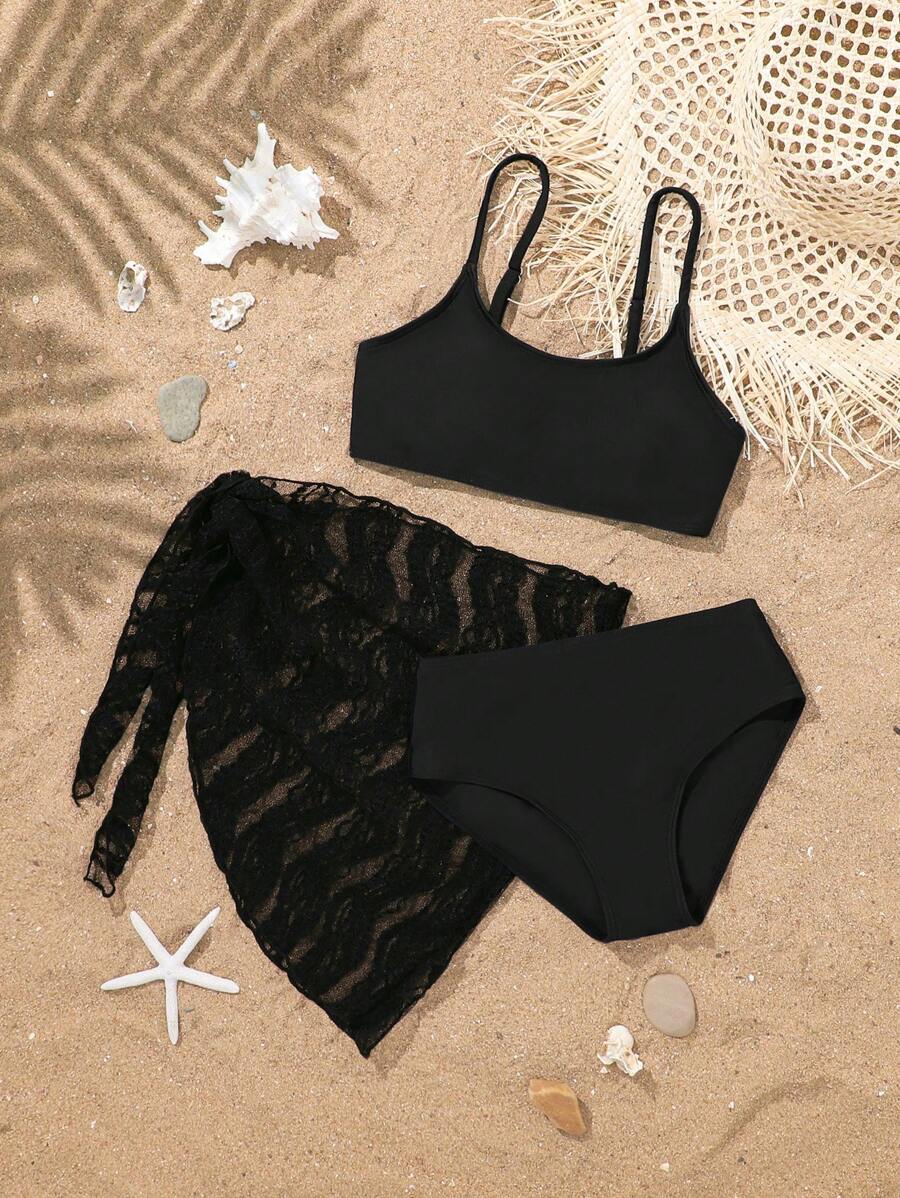 SHEIN Tween Girls Swimwear Set Cute Vacation Style Split Two Pieces Swimwear - Black - View 1